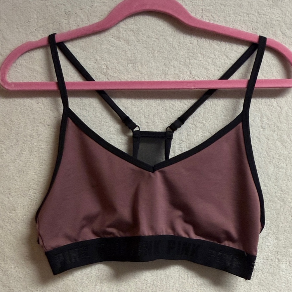 PINK Victoria's Secret Dusty Mauve Sports Bralette with Black Trim